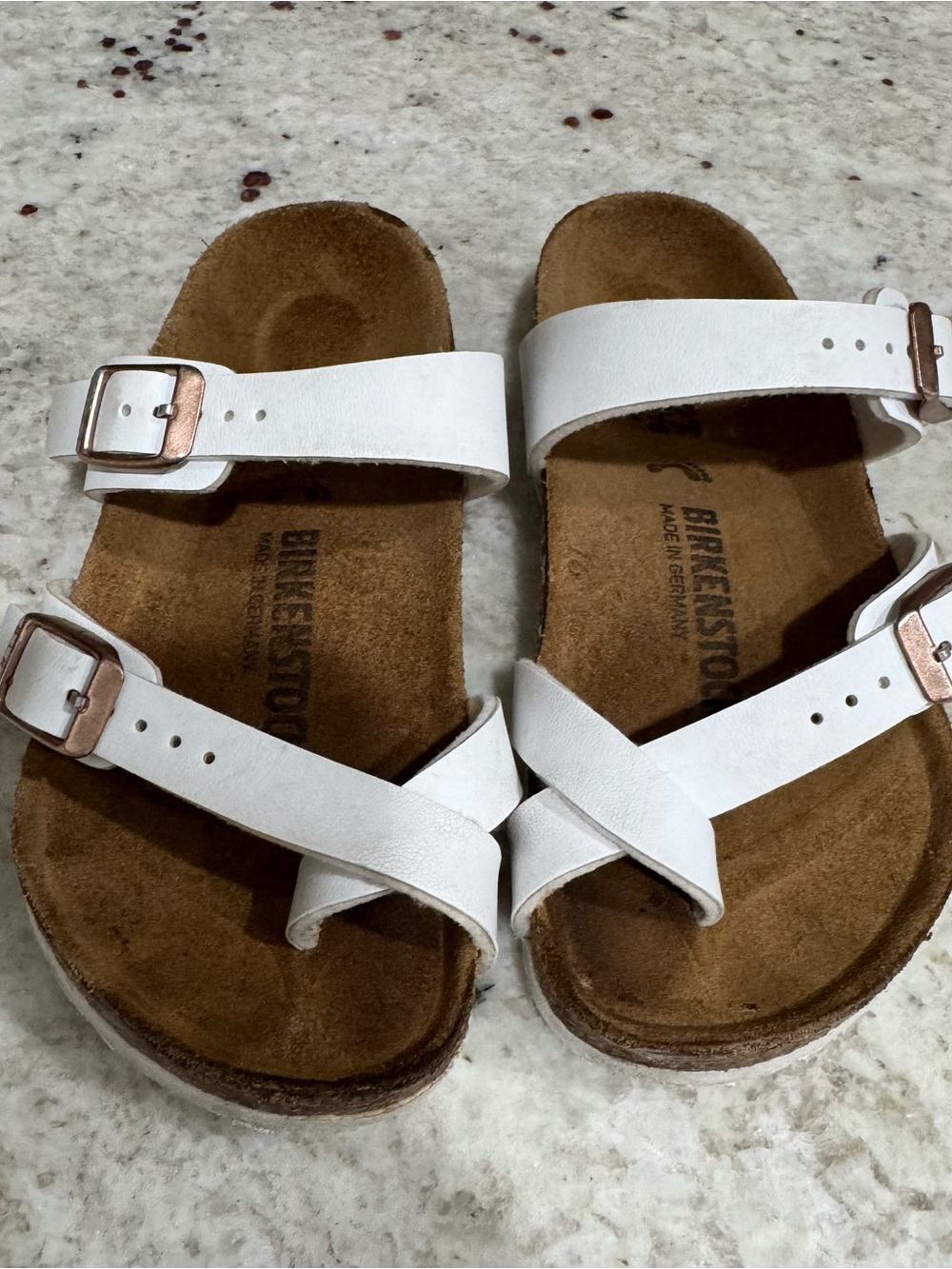 Birkenstock Kids White Leather Crisscross Strap Sandals with Rose Gold Buckles
